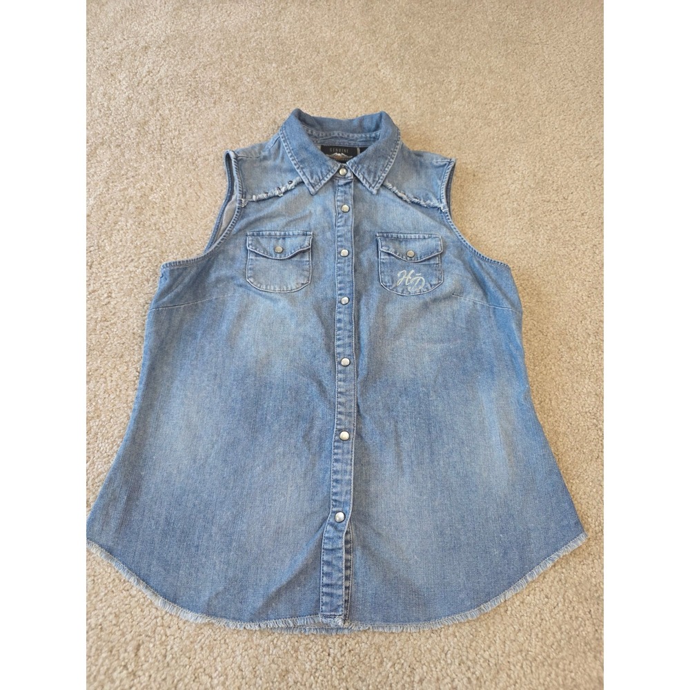 Harley-Davidson Womens Sleeveless Denim Shirt M Blue Distressed Flag Studded